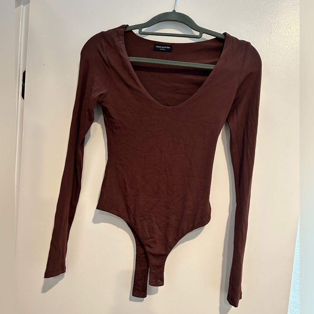 The NW Deep-V Long Sleeve Bodysuit Brown naked wardrobe thong body suit